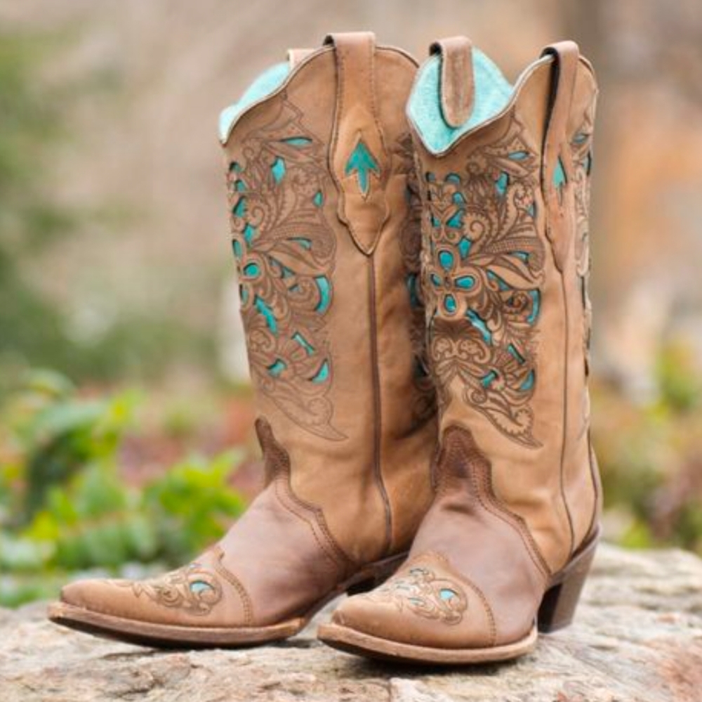 CORRAL C1620 laser tooled tan & turquoise snip toe cowgirl western boots sz 6.5